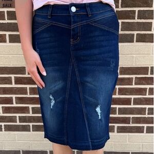 The Harlow Distressed Denim Skirt in Dk. Indigo